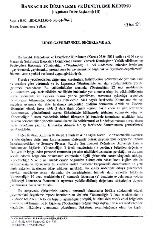 BDDK yetki yazısı 1.sayfa