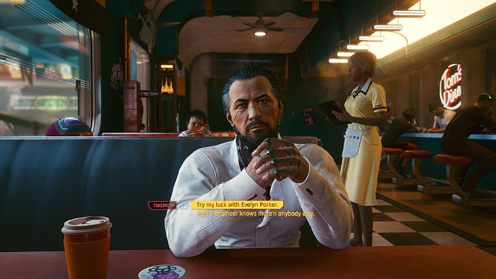 Restorana girin ve Takemura'nın oturduğu masaya yaklaşın - Cyberpunk 2077: Zaman İçin Oynamak - izlenecek yol - Hareket 2 - Cyberpunk 2077 Rehberi