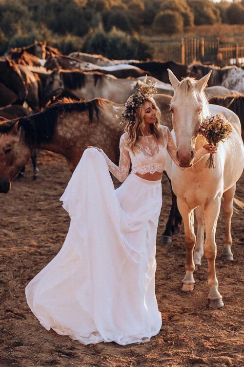 Dress link:https://rjerdress.com/products/lace-two-pieces-long-sleeves-ivory-boho-wedding-dress-chiffon-beach-wedding-gowns-w1099