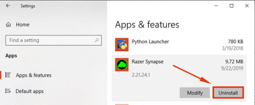 Razer Synapse and then select Uninstall