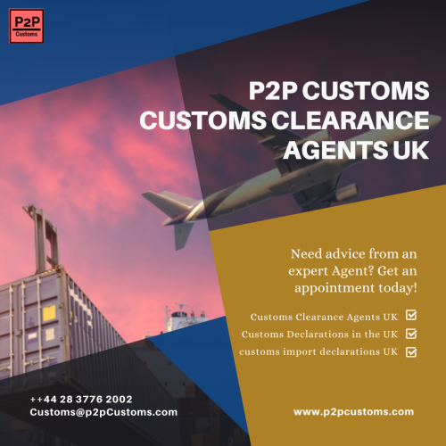 P2P Customs is a leading Customs Clearance Agent in UK. We offer services like Export Declarations, Import Declarations, TSS Declarations, Traces/IPAFFS, PBN, GVMS, BCP. For services at COMPETITIVE prices and ensuring fast delivery, do visit our website.
https://p2pcustoms.com