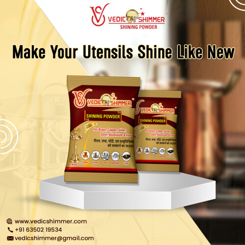 Vedic Shimmer from Jaipur, Rajasthan in India is known as a powerful cleaning agent for metal items and magically brings back the original shine of the vessels by de-oxidization in minutes. Vedic Shimmer works miraculously as a metal cleaning powder and in minutes helps to remove stubborn dirt and stains from your metal-based vessels. Buy Dishwash powder for Shinning Metal, Copper, Brass, and Silver.  Call now: 91-63502-19534
https://vedicshimmer.com/