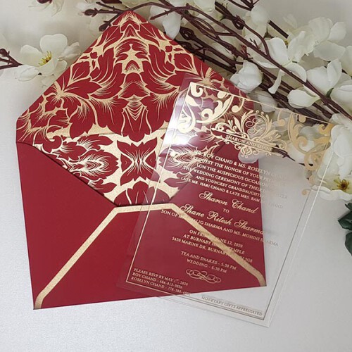 This invitation made from 2mm thick and hard clear acrylic.If you want any quantity changes of add-one cards or want to add any other add one card.

Read More: https://www.yourweddinginvitation.com/collections/clear-wedding-invitations