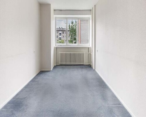 Empty living room with window, white walls and blue carpet