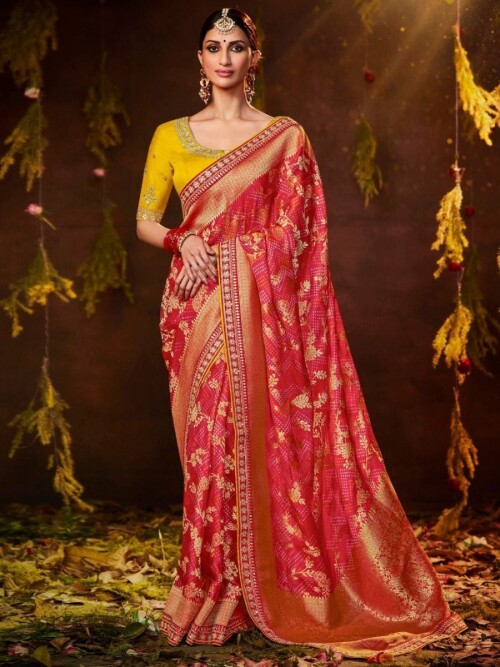 Spread the aura of freshness with this prominent red color saree made of silk material accomplished with zari weaving, bandhani print, and embroidery.This red saree comes with a yellow color blouse made with silk material designed with thread embroidery and sequin work.

Price:-₹6,299.00

https://www.ethnicplus.in/sarees/appealing-red-zari-weaving-silk-saree-with-embroidery-blouse