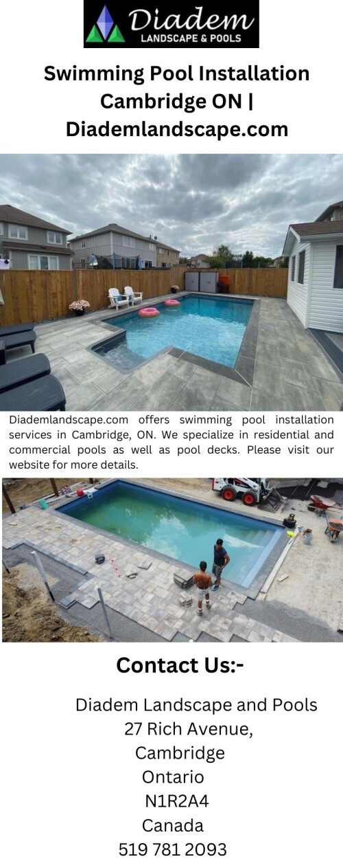 Diademlandscape.com offers swimming pool installation services in Cambridge, ON. We specialize in residential and commercial pools as well as pool decks. Please visit our website for more details.

https://diademlandscape.com/backyard-pool