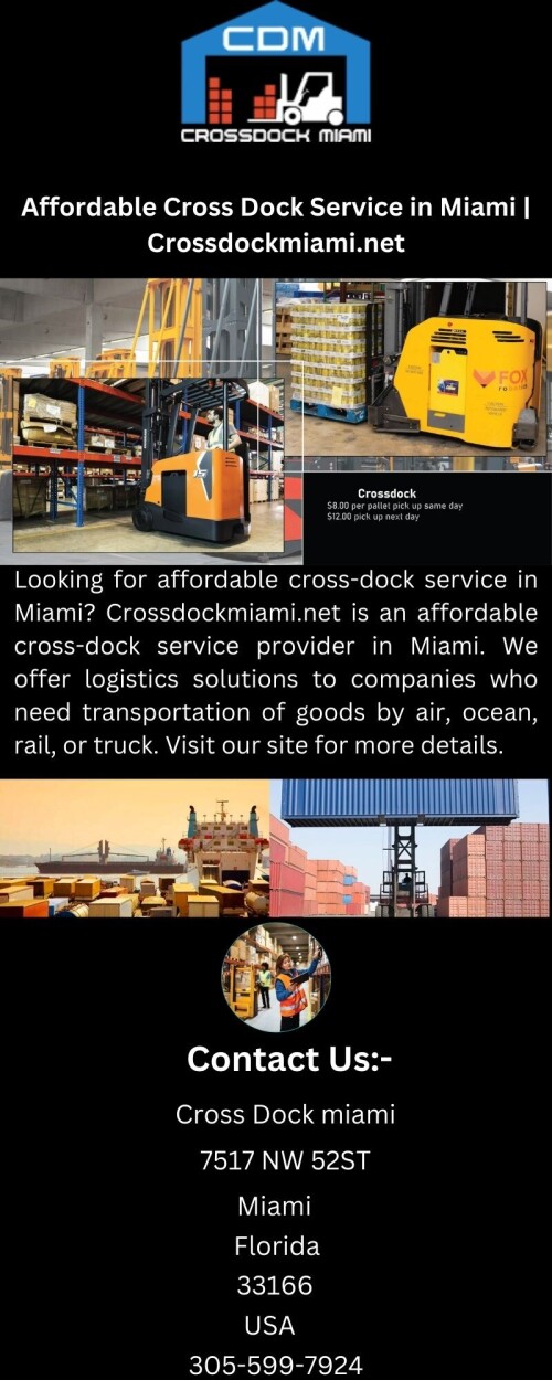 Looking for affordable cross-dock service in Miami? Crossdockmiami.net is an affordable cross-dock service provider in Miami. We offer logistics solutions to companies who need transportation of goods by air, ocean, rail, or truck. Visit our site for more details.

https://www.crossdockmiami.net/cross-dock/