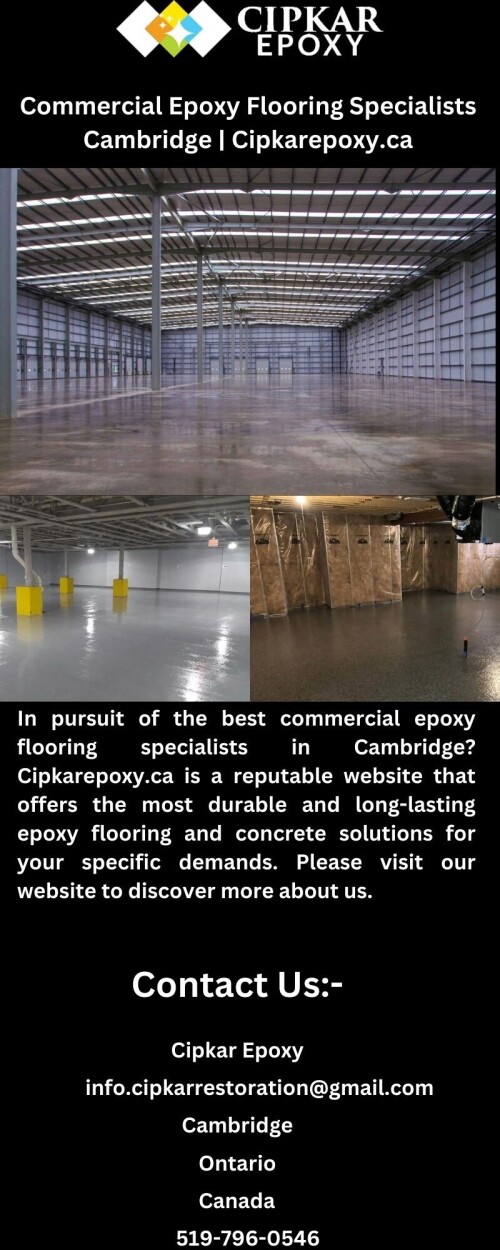 In pursuit of the best commercial epoxy flooring specialists in Cambridge? Cipkarepoxy.ca is a reputable website that offers the most durable and long-lasting epoxy flooring and concrete solutions for your specific demands. Please visit our website to discover more about us.

https://www.cipkarepoxy.ca/cambridge