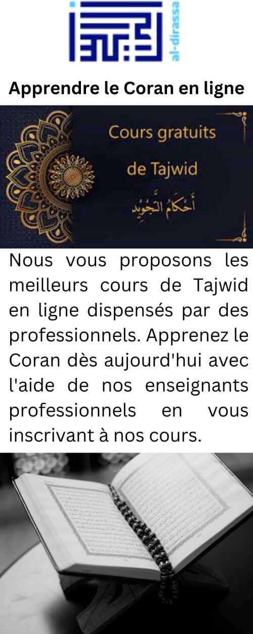 Nous vous proposons les meilleurs cours de Tajwid en ligne dispensés par des professionnels. Apprenez le Coran dès aujourd'hui avec l'aide de nos enseignants professionnels en vous inscrivant à nos cours.

https://www.al-dirassa.com/apprendre-le-coran-en-ligne/