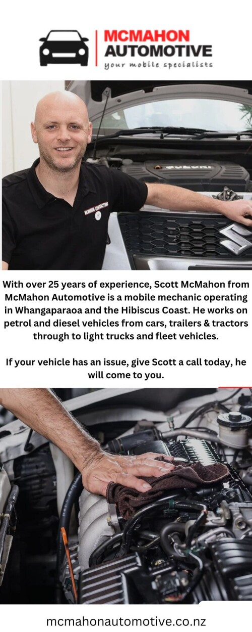 Mcmahonautomotive.co.nz is a family-owned and operated mobile mechanic service near you. They come to you with their fully equipped workshop on wheels. There are no hidden charges, and they’ll beat any written quote. Visit our website for more details.
https://www.mcmahonautomotive.co.nz/