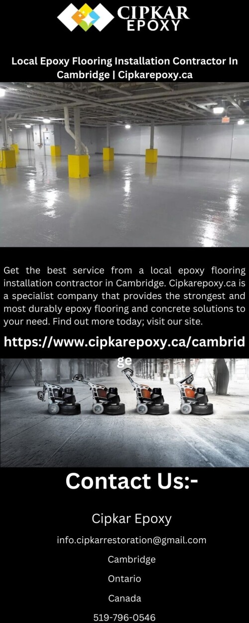 Get the best service from a local epoxy flooring installation contractor in Cambridge. Cipkarepoxy.ca is a specialist company that provides the strongest and most durably epoxy flooring and concrete solutions to your need. Find out more today; visit our site.

https://www.cipkarepoxy.ca/cambridge