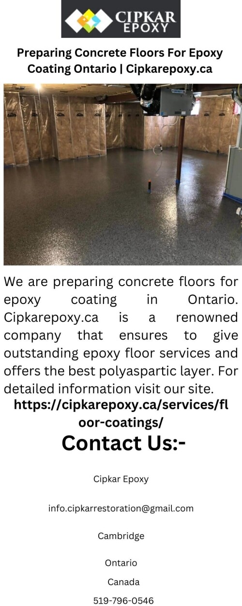 We are preparing concrete floors for epoxy coating in Ontario. Cipkarepoxy.ca is a renowned company that ensures to give outstanding epoxy floor services and offers the best polyaspartic layer. For detailed information visit our site.

https://cipkarepoxy.ca/services/floor-coatings/