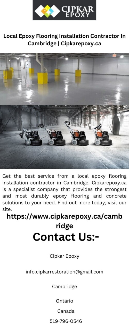 Get the best service from a local epoxy flooring installation contractor in Cambridge. Cipkarepoxy.ca is a specialist company that provides the strongest and most durably epoxy flooring and concrete solutions to your need. Find out more today; visit our site.

https://www.cipkarepoxy.ca/cambridge