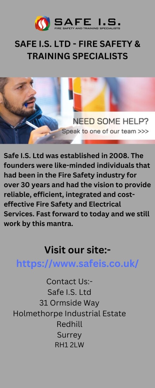 Safe I.S. Ltd is a Scottish fire safety and electrical company. We have been in the Fire Safety industry for over 30 years. We pride ourselves on providing a high standard of service to our customers and take pride in the fact that a lot of our customers are friends who would recommend us to people they know. Their feedback and recommendations are what keep our business thriving. Visit our website

https://www.safeis.co.uk/