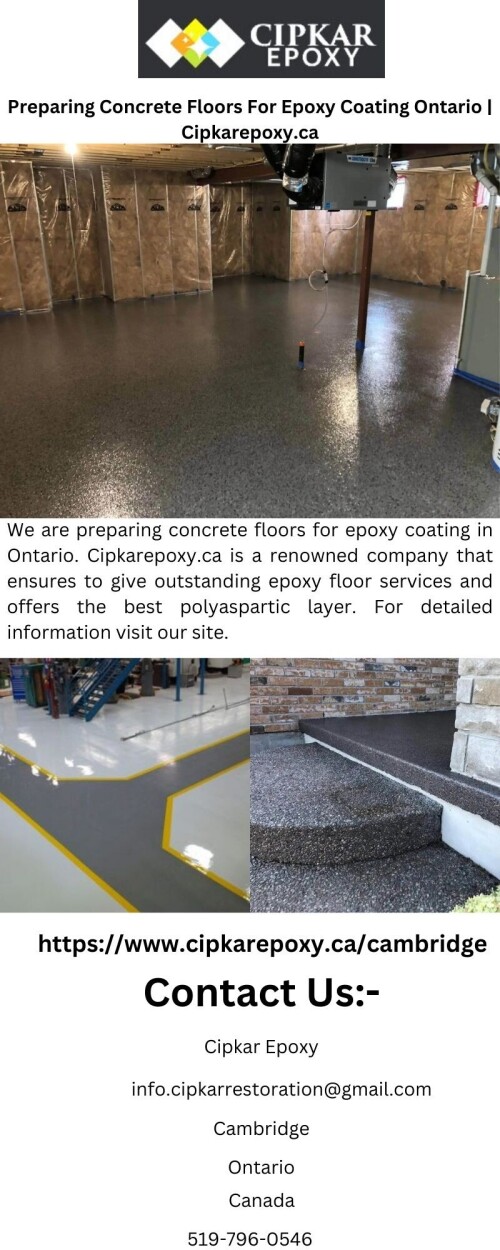 We are preparing concrete floors for epoxy coating in Ontario. Cipkarepoxy.ca is a renowned company that ensures to give outstanding epoxy floor services and offers the best polyaspartic layer. For detailed information visit our site.

https://cipkarepoxy.ca/services/floor-coatings/