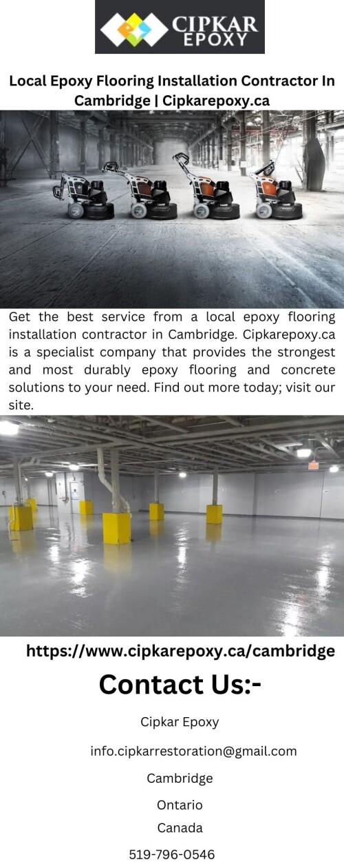 Get the best service from a local epoxy flooring installation contractor in Cambridge. Cipkarepoxy.ca is a specialist company that provides the strongest and most durably epoxy flooring and concrete solutions to your need. Find out more today; visit our site.

https://www.cipkarepoxy.ca/cambridge