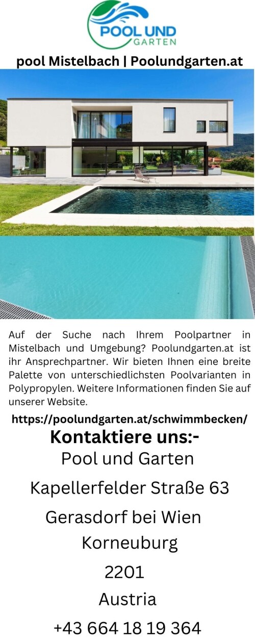 Auf der Suche nach Ihrem Poolpartner in Mistelbach und Umgebung? Poolundgarten.at ist ihr Ansprechpartner. Wir bieten Ihnen eine breite Palette von unterschiedlichsten Poolvarianten in Polypropylen. Weitere Informationen finden Sie auf unserer Website.

https://poolundgarten.at/schwimmbecken/