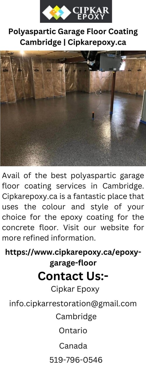 Avail of the best polyaspartic garage floor coating services in Cambridge. Cipkarepoxy.ca is a fantastic place that uses the colour and style of your choice for the epoxy coating for the concrete floor. Visit our website for more refined information.

https://www.cipkarepoxy.ca/epoxy-garage-floor