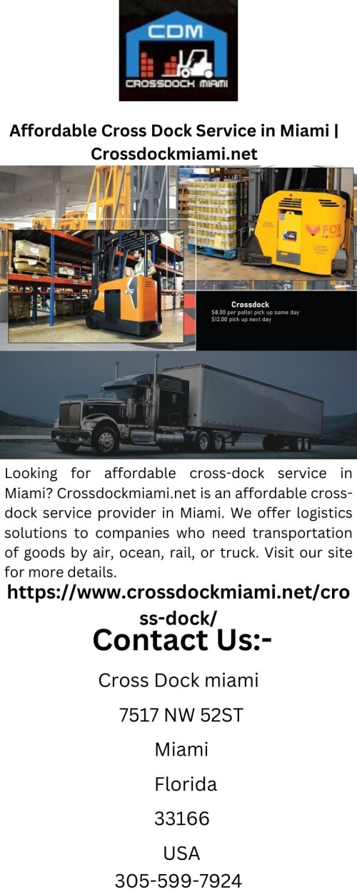Looking for affordable cross-dock service in Miami? Crossdockmiami.net is an affordable cross-dock service provider in Miami. We offer logistics solutions to companies who need transportation of goods by air, ocean, rail, or truck. Visit our site for more details.

https://www.crossdockmiami.net/cross-dock/
