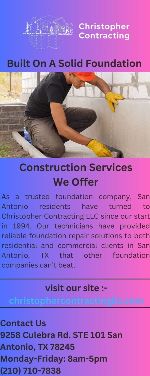 Searching for residential foundation repair services? Christophercontractingllc.com is a company that specializes in foundation repair, leak detection, and slab leaks. Please visit our website for more details.



https://christophercontractingllc.com/foundation-repair/residential/