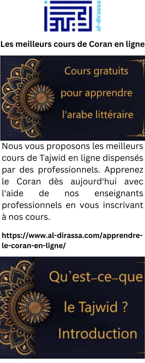 Nous vous proposons les meilleurs cours de Tajwid en ligne dispensés par des professionnels. Apprenez le Coran dès aujourd'hui avec l'aide de nos enseignants professionnels en vous inscrivant à nos cours.

https://www.al-dirassa.com/apprendre-le-coran-en-ligne/