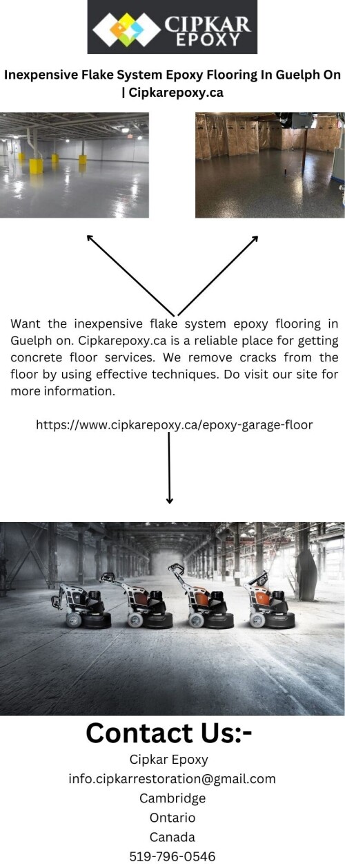 Want the inexpensive flake system epoxy flooring in Guelph on. Cipkarepoxy.ca is a reliable place for getting concrete floor services. We remove cracks from the floor by using effective techniques. Do visit our site for more information.

https://www.cipkarepoxy.ca/epoxy-garage-floor