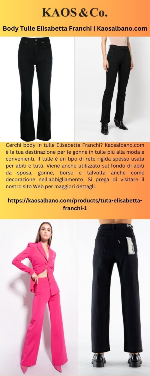 Cerchi body in tulle Elisabetta Franchi? Kaosalbano.com è la tua destinazione per le gonne in tulle più alla moda e convenienti. Il tulle è un tipo di rete rigida spesso usata per abiti e tutù. Viene anche utilizzato sul fondo di abiti da sposa, gonne, borse e talvolta anche come decorazione nell'abbigliamento. Si prega di visitare il nostro sito Web per maggiori dettagli.

https://kaosalbano.com/products/tuta-elisabetta-franchi-1