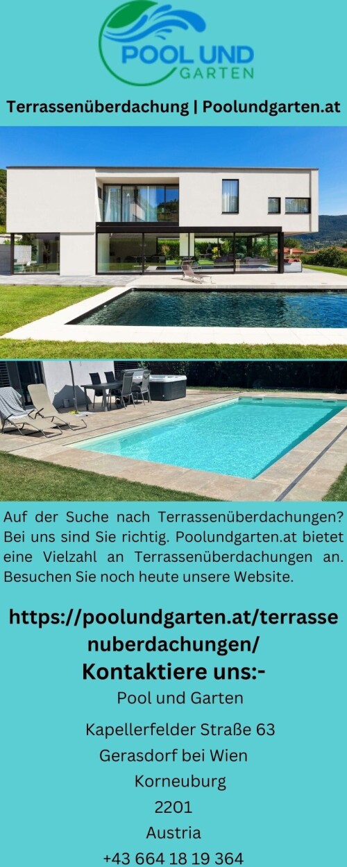 Auf der Suche nach Terrassenüberdachungen? Bei uns sind Sie richtig. Poolundgarten.at bietet eine Vielzahl an Terrassenüberdachungen an. Besuchen Sie noch heute unsere Website.

https://poolundgarten.at/terrassenuberdachungen/