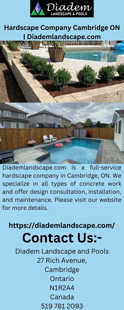 Diademlandscape.com is a full-service hardscape company in Cambridge, ON. We specialize in all types of concrete work and offer design consultation, installation, and maintenance. Please visit our website for more details.

https://diademlandscape.com/