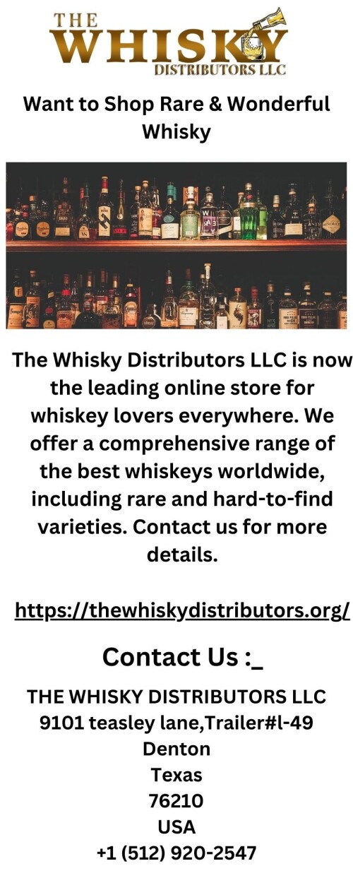 The Whisky Distributors LLC is now the leading online store for whiskey lovers everywhere. We offer a comprehensive range of the best whiskeys worldwide, including rare and hard-to-find varieties. Contact us for more details.


https://thewhiskydistributors.org/