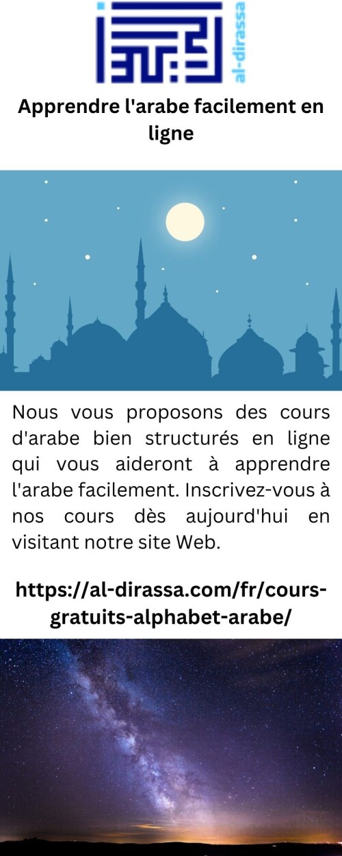 Nous vous proposons des cours d'arabe bien structurés en ligne qui vous aideront à apprendre l'arabe facilement. Inscrivez-vous à nos cours dès aujourd'hui en visitant notre site Web.


https://al-dirassa.com/fr/apprendre-le-coran-en-ligne/