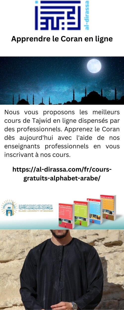 Nous vous proposons les meilleurs cours de Tajwid en ligne dispensés par des professionnels. Apprenez le Coran dès aujourd'hui avec l'aide de nos enseignants professionnels en vous inscrivant à nos cours.

https://al-dirassa.com/fr/cours-gratuits-alphabet-arabe/