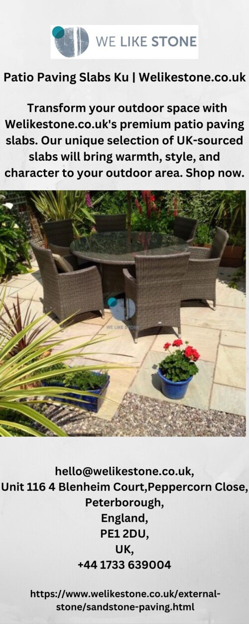Transform your outdoor space with Welikestone.co.uk's premium patio paving slabs. Our unique selection of UK-sourced slabs will bring warmth, style, and character to your outdoor area. Shop now.

https://www.welikestone.co.uk/external-stone/sandstone-paving.html