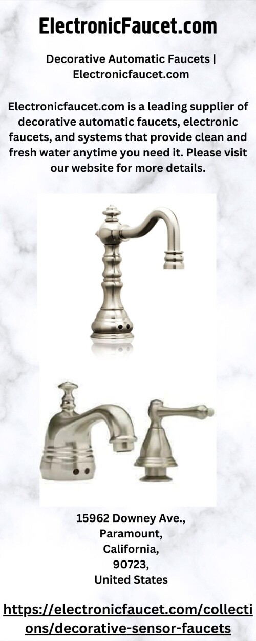 Electronicfaucet.com is a leading supplier of decorative automatic faucets, electronic faucets, and systems that provide clean and fresh water anytime you need it. Please visit our website for more details.

https://electronicfaucet.com/collections/decorative-sensor-faucets