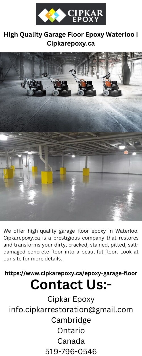 We offer high-quality garage floor epoxy in Waterloo. Cipkarepoxy.ca is a prestigious company that restores and transforms your dirty, cracked, stained, pitted, salt-damaged concrete floor into a beautiful floor. Look at our site for more details.

https://www.cipkarepoxy.ca/epoxy-garage-floor