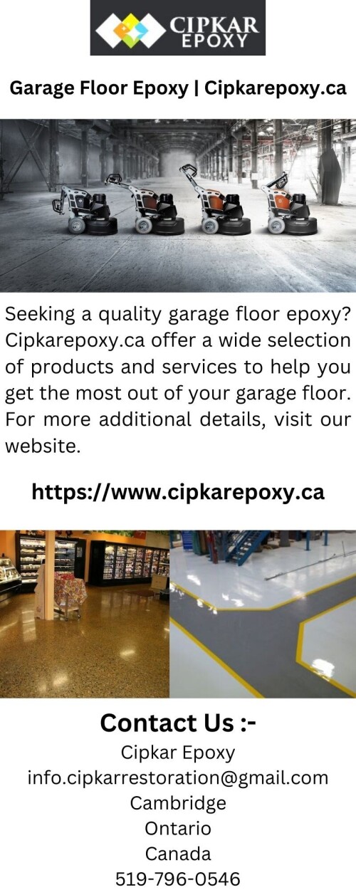 Seeking a quality garage floor epoxy? Cipkarepoxy.ca offer a wide selection of products and services to help you get the most out of your garage floor. For more additional details, visit our website.


https://www.cipkarepoxy.ca/epoxy-garage-floor