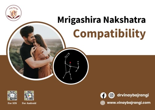 Mrigashira Nakshatra, associated with the constellation Orion, has its own unique compatibility traits in astrology. Those born under this nakshatra are often characterized as curious, adventurous, and independent. Mrigashira nakshatra compatibility is influenced by factors like the Moon sign and planetary positions. Mrigashira is generally compatible with other Mrigashira nakshatra individuals, as they share similar qualities. Additionally, compatibility is usually favorable with individuals born under Rohini and Ardra nakshatras. However, it's important to consider that compatibility in relationships is a complex matter and should be assessed holistically, considering individual traits, values, and dynamics beyond just the nakshatra. If you are looking Compatibility zodiac calculator contact us. For more info visit: https://www.vinaybajrangi.com/nakshatras/mrigashira-nakshatra.php || https://www.vinaybajrangi.com/marriage-astrology/kundli-matching-horoscopes-matching-for-marriage.php
