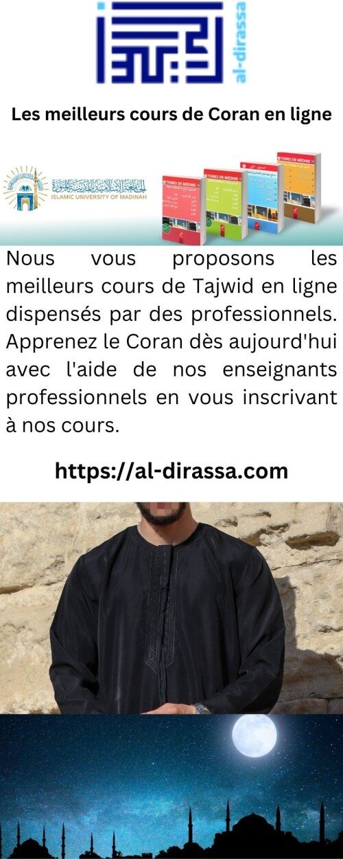 Nous vous proposons les meilleurs cours de Tajwid en ligne dispensés par des professionnels. Apprenez le Coran dès aujourd'hui avec l'aide de nos enseignants professionnels en vous inscrivant à nos cours.



https://al-dirassa.com/fr/cours-gratuits-alphabet-arabe/