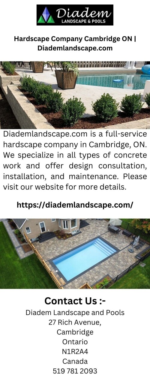 Diademlandscape.com is a full-service hardscape company in Cambridge, ON. We specialize in all types of concrete work and offer design consultation, installation, and maintenance. Please visit our website for more details.

https://diademlandscape.com/