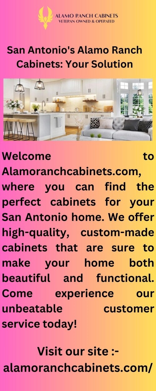 Discover the perfect cabinets for your San Antonio home at Alamoranchcabinets.com. Our cabinets are made with quality craftsmanship and a commitment to customer satisfaction to ensure you get the best value for your money.



https://www.alamoranchcabinets.com/cabinets/