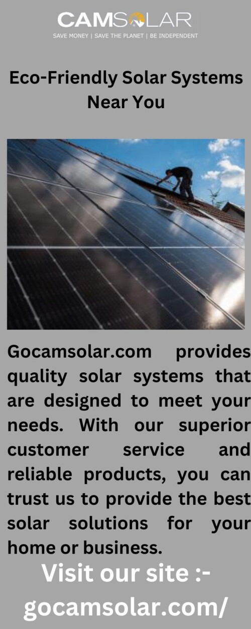 Experience the power of clean energy with Gocamsolar.com! Our solar panels provide reliable, affordable, and renewable energy for your home. Discover why Gocamsolar.com is the best choice for your solar energy needs.



https://www.gocamsolar.com/solar-installation/solar-faq/
