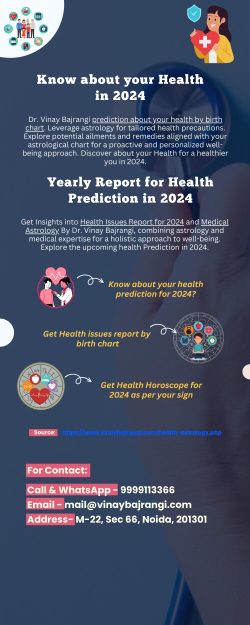 Get Insights into Health Issues Report for 2024 and Medical Astrology By Dr. Vinay Bajrangi, combining astrology and medical expertise for a holistic approach to well-being. Explore the upcoming health Prediction in 2024.

https://www.vinaybajrangi.com/services/online-report/health-predictions-2024.php