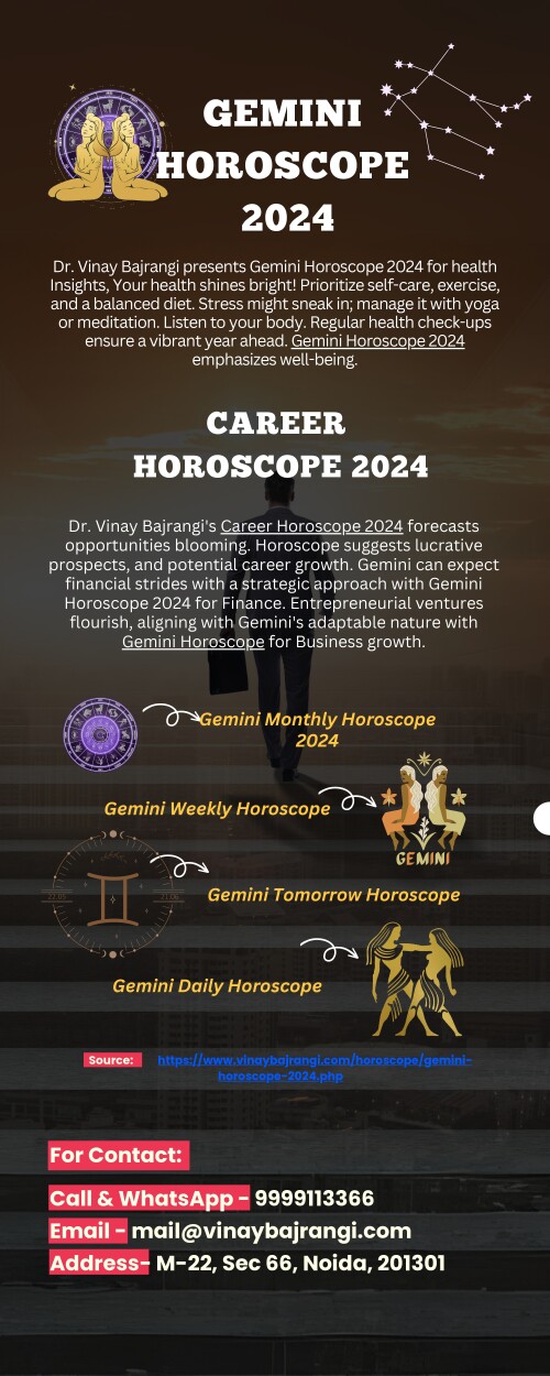 Dr. Vinay Bajrangi's Career Horoscope 2024 forecasts opportunities blooming. Horoscope suggests lucrative prospects, and potential career growth. Gemini can expect financial strides with a strategic approach with Gemini Horoscope 2024 for Finance. Entrepreneurial ventures flourish, aligning with Gemini's adaptable nature with Gemini Horoscope for Business growth.

https://www.vinaybajrangi.com/horoscope/gemini-horoscope-2024.php