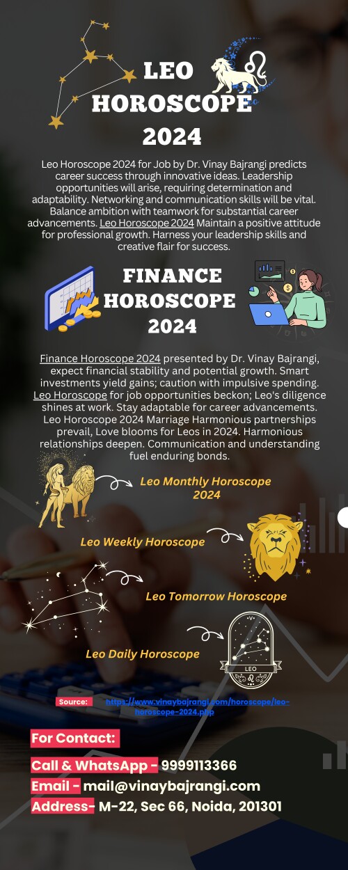 Finance Horoscope 2024 presented by Dr. Vinay Bajrangi, expect financial stability and potential growth. Smart investments yield gains; caution with impulsive spending. Leo Horoscope for job opportunities beckon; Leo's diligence shines at work. Stay adaptable for career advancements. Leo Horoscope 2024 for Marriage Harmonious partnerships prevail, Love blooms for Leos in 2024. Harmonious relationships deepen. Communication and understanding fuel enduring bonds.

https://www.vinaybajrangi.com/horoscope/leo-horoscope-2024.php