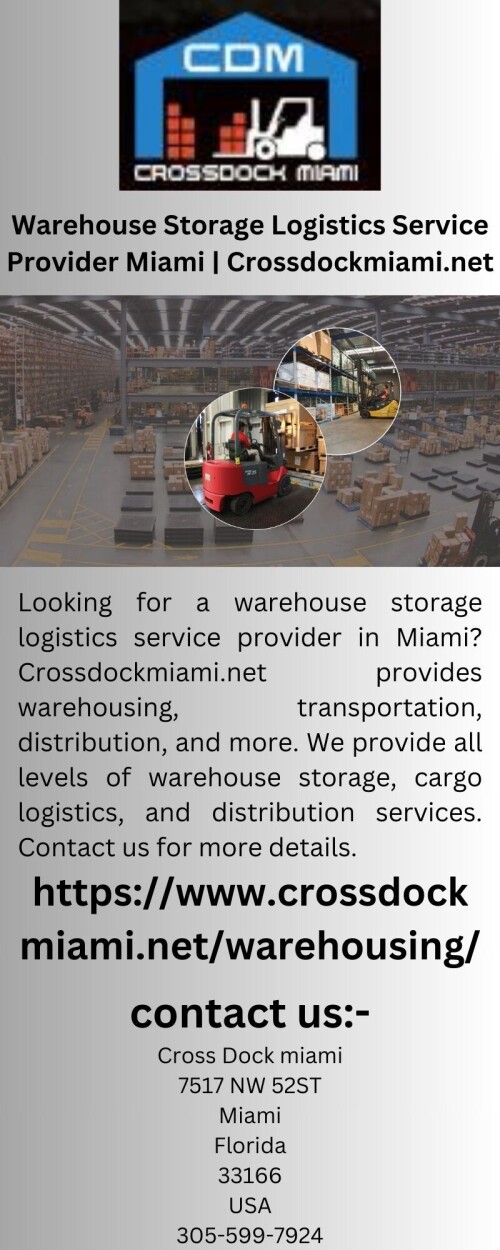 Looking for a warehouse storage logistics service provider in Miami? Crossdockmiami.net provides warehousing, transportation, distribution, and more. We provide all levels of warehouse storage, cargo logistics, and distribution services. Contact us for more details.

https://www.crossdockmiami.net/warehousing/