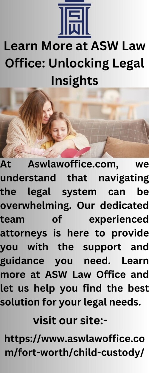 Discover the legal solutions you need at Aswlawoffice.com. Our experienced attorneys are dedicated to providing you with the personalized service and attention you deserve. Learn more at ASW Law Office today and get the peace of mind you need.

https://www.aswlawoffice.com/fort-worth/divorce/
