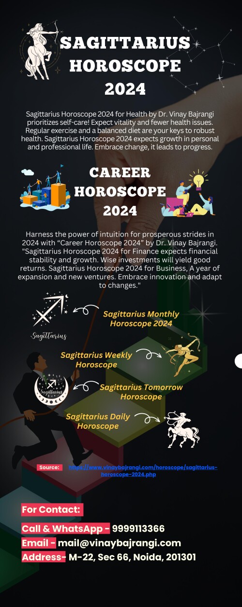 Harness the power of intuition for prosperous strides in 2024 with “Career Horoscope 2024” by Dr. Vinay Bajrangi." Sagittarius Horoscope 2024 for Finance expects financial stability and growth. Wise investments will yield good returns. Sagittarius Horoscope 2024 for Business, A year of expansion and new ventures. Embrace innovation and adapt to changes." https://www.vinaybajrangi.com/horoscope/sagittarius-horoscope-2024.php