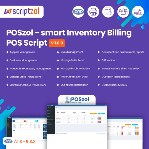 Poszol - Smart Inventory Billing POS Software is an application that helps businesses process sales transactions and manage their inventory. POS software is typically used in retail stores and other businesses where customers purchase goods or services in person. The reports can be easily generated. It helps to track inventory levels, that is to check stocks present and not available.This technology streamlines your operations by managing sales, inventory, and customers on a single interface. It expedites the ordering process, enabling you to provide prompt and effective client service. Automates complex calculations, including taxes and discounts, reducing human error and saving time.Provides fast and accurate search, allowing staff to find items easily. It generates professional receipts with transaction details and store information.
Features
Admin Panel
Product and Category Management
Out of Stock notification
Manage suppliers the easy way
Customer management in simple way
Complete sales management
Complete purchase management
Manage Sales Return
Manage Purchase Return
Proper dues management
Print Each and Every Transaction
Search Functionalities: Id and Name
Daily and Monthly Sales
Calculates Total Sales Amount
Bulk import and export data
Paylater / Credit transaction option
Consistent and customizable reports
GST Invoice
Stock inventory

Visit Our Smart Inventory Billing POS Software - https://www.scriptzol.com/smart-inventory-billing-pos-software