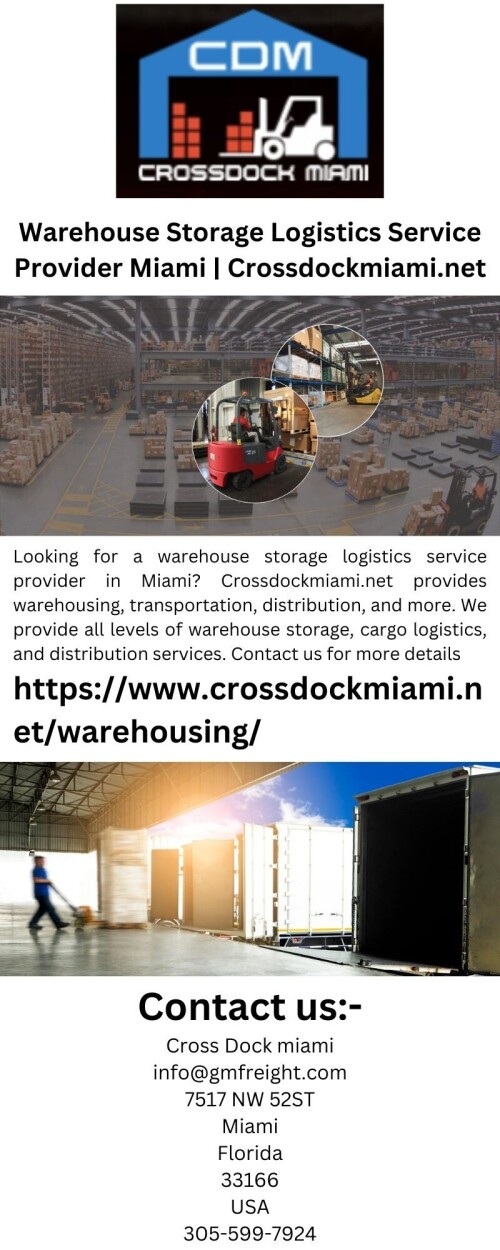 Looking for a warehouse storage logistics service provider in Miami? Crossdockmiami.net provides warehousing, transportation, distribution, and more. We provide all levels of warehouse storage, cargo logistics, and distribution services. Contact us for more details.

https://www.crossdockmiami.net/warehousing/