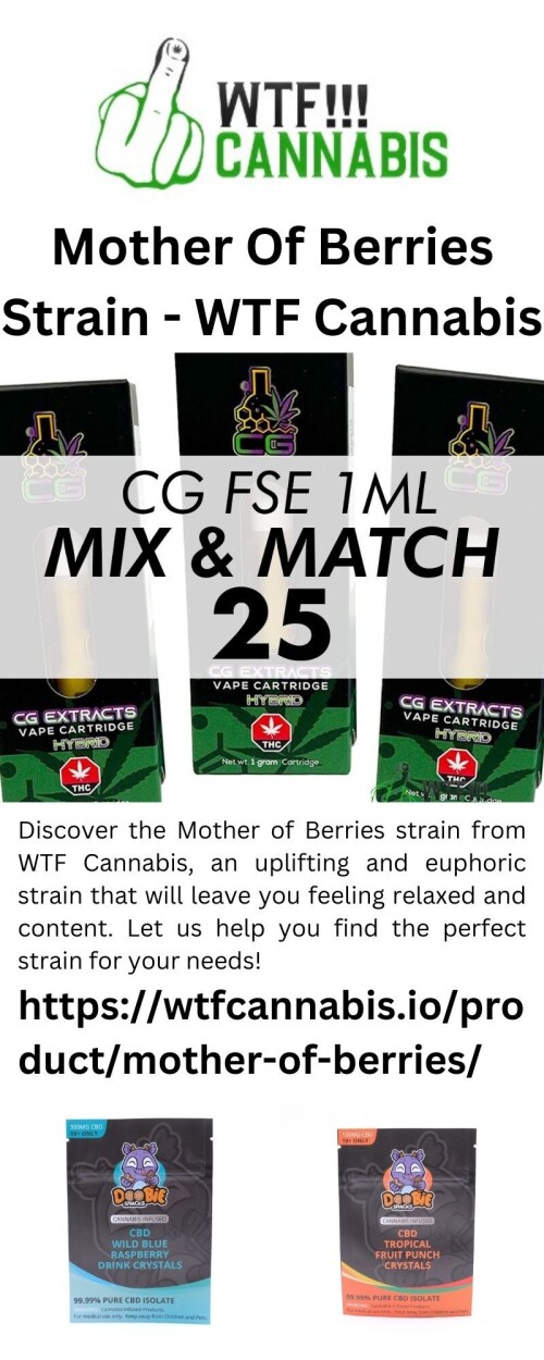 Discover the Mother of Berries strain from WTF Cannabis, an uplifting and euphoric strain that will leave you feeling relaxed and content. Let us help you find the perfect strain for your needs!

https://wtfcannabis.io/product/mother-of-berries/